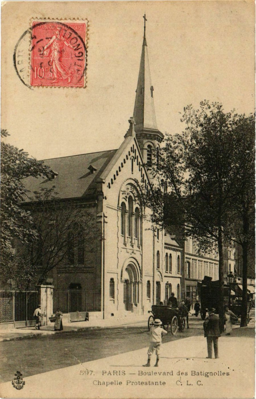 Carte postale ancienne Boulevard des Batignolles - Chapelle Protestante à Paris 17e