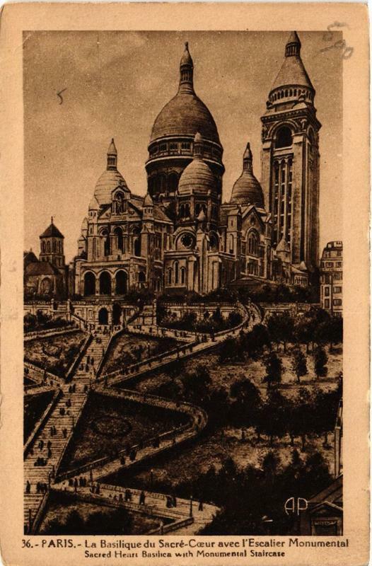Carte postale ancienne La Basilique du Sacré-Coeur avec l'Escalier Monumental à Paris 18e