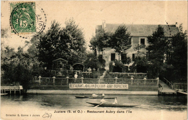 Carte postale ancienne Juziers - Restaurant Aubry dans l'Ile à Juziers