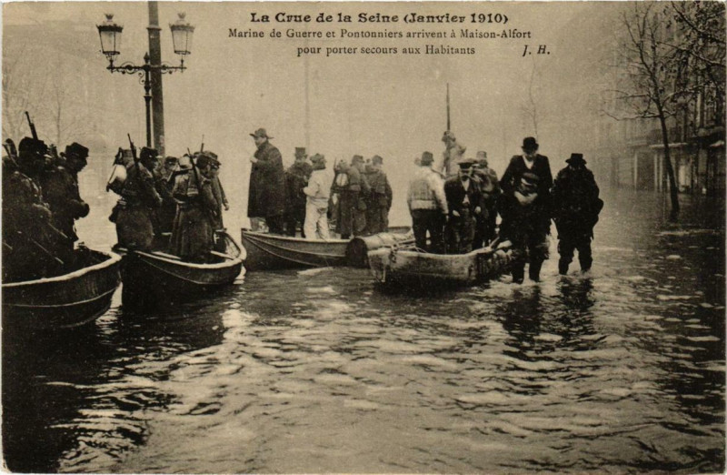 Carte postale ancienne Maisons-Alfort Marine Guerre Pontonniers Crue Seine 1910 à Maisons-Alfort