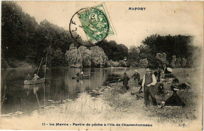 Carte postale ancienne Alfort La Marne Partie de peche a l'Ile de Charentonneau