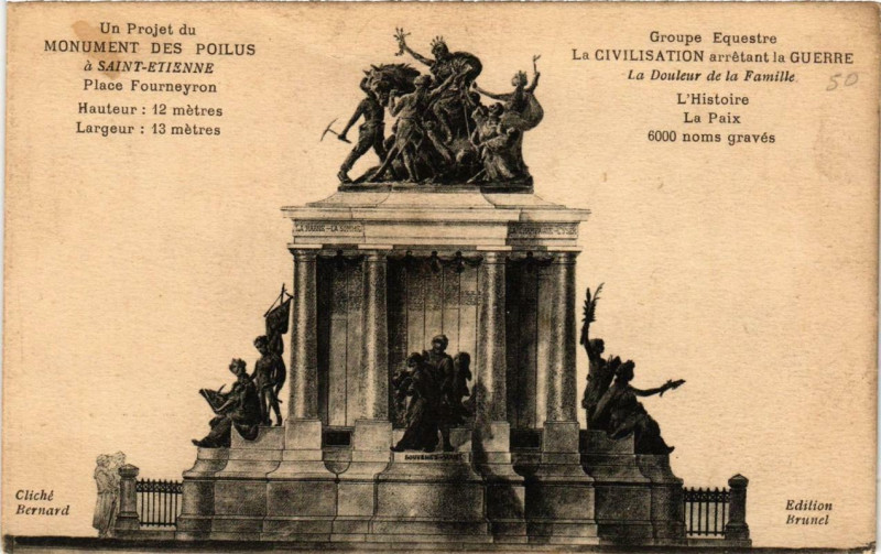 Carte postale ancienne Saint-Etienne Groupe Equestre la Civilisation arrétant la Guerre à Saint-Étienne