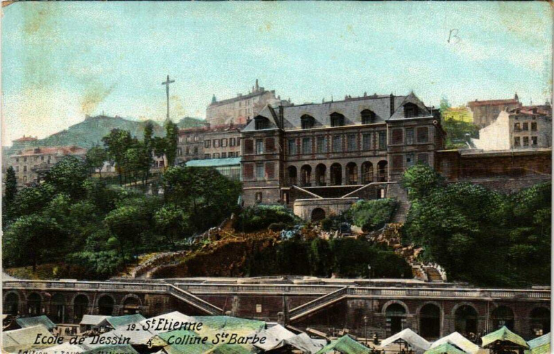 Carte postale ancienne Saint-Etienne Ecole de Dessin. Colline Sainte-Barbe à Saint-Étienne