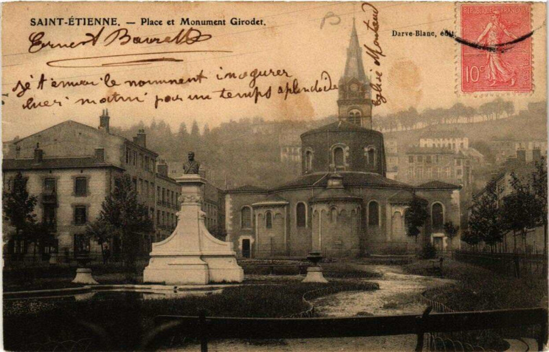 Carte postale ancienne Saint-Etienne Place et Monument Girodet à Saint-Étienne
