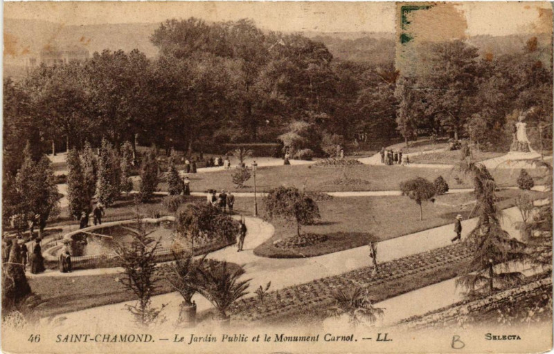 Carte postale ancienne Saint-Chamond Le Jardin Public et le Monument Carnot à Saint-Chamond