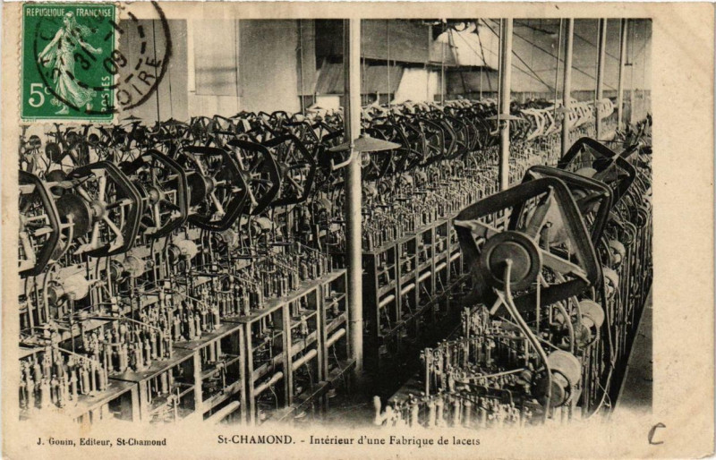 Carte postale ancienne Saint-Chamond Intérieur d'une Fabrique de lacets à Saint-Chamond