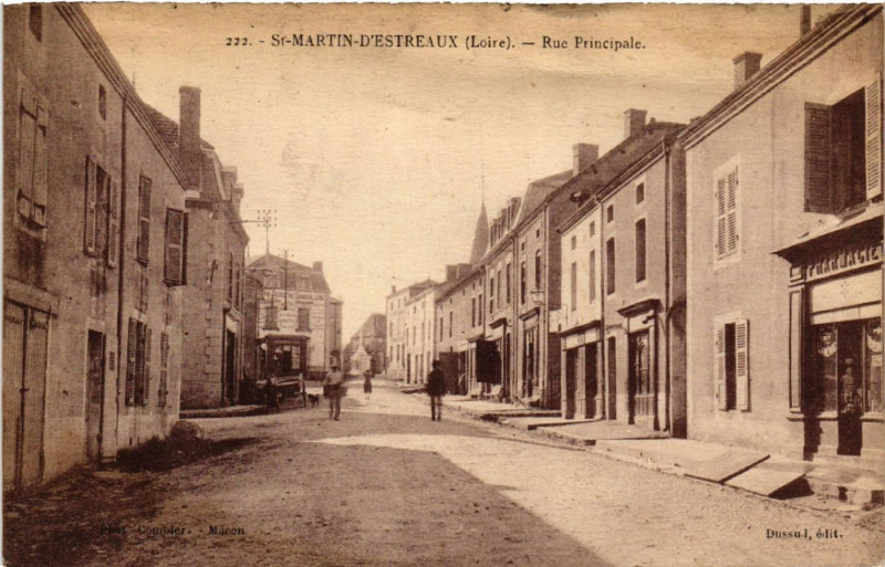 Carte postale ancienne Saint-Martin-d'Estreaux - Rue principale à Saint-Martin-d'Estréaux