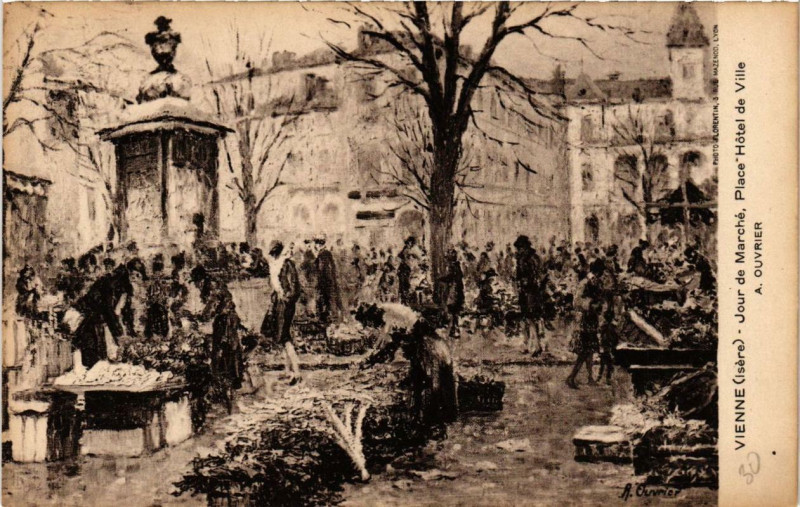 Carte postale ancienne Vienne - Jour de Marché Place Hotel de Ville à Vienne