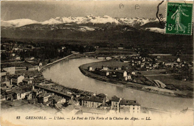 Carte postale ancienne Grenoble - Le Pont de l'Ile Verte et la Chaine des Alpes à Grenoble
