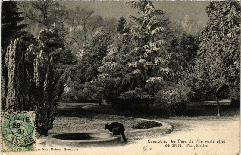 Carte postale ancienne Grenoble - Le Parc de l'Ile verte effet de givre à Grenoble