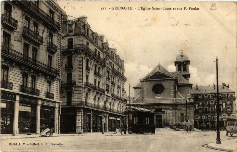 Carte postale ancienne Grenoble L'Eglise Saint-Laurent et rue F.-Poulat à Grenoble