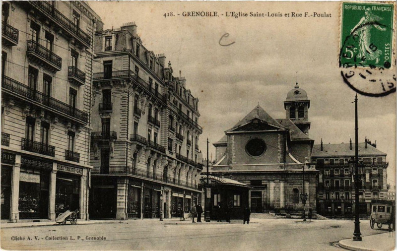Carte postale ancienne Grenoble - Eglise Saint-Joseh et Rue F. Poulat à Grenoble