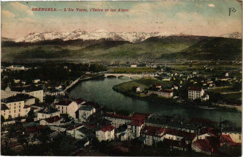 Carte postale ancienne Grenoble L'Ile Verte l'Isere et les Alpes à Grenoble
