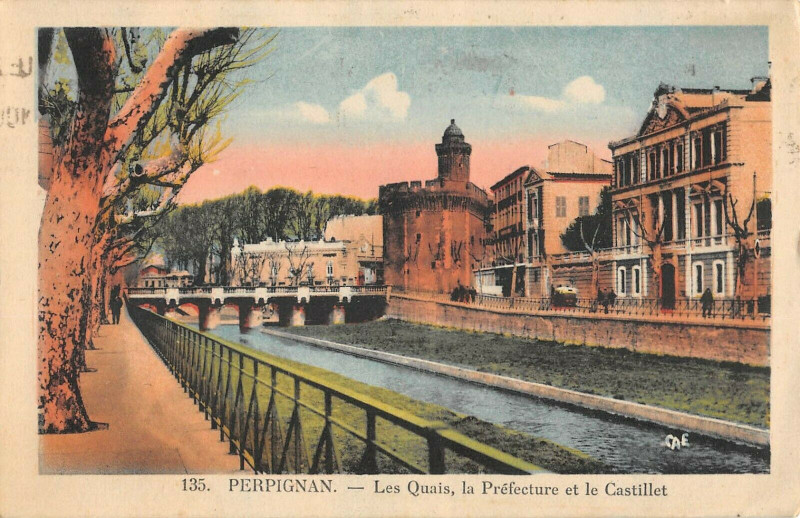 Carte postale ancienne Perpignan Les Quais Prefecture Et Castillet à Perpignan