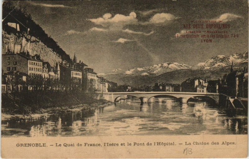 Carte postale ancienne Grenoble Le Quai de France l'Isere et le Pont de l'Hopital à Grenoble
