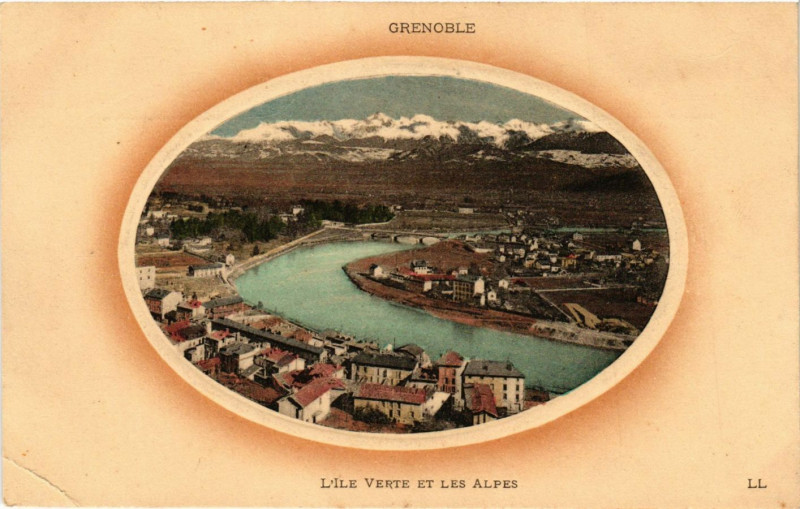 Carte postale ancienne Grenoble - L'Ile Verte et les Alpes à Grenoble