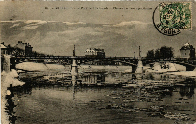 Carte postale ancienne Grenoble - Le pont de l'Esplanade et l'Isere des Glacons à Grenoble