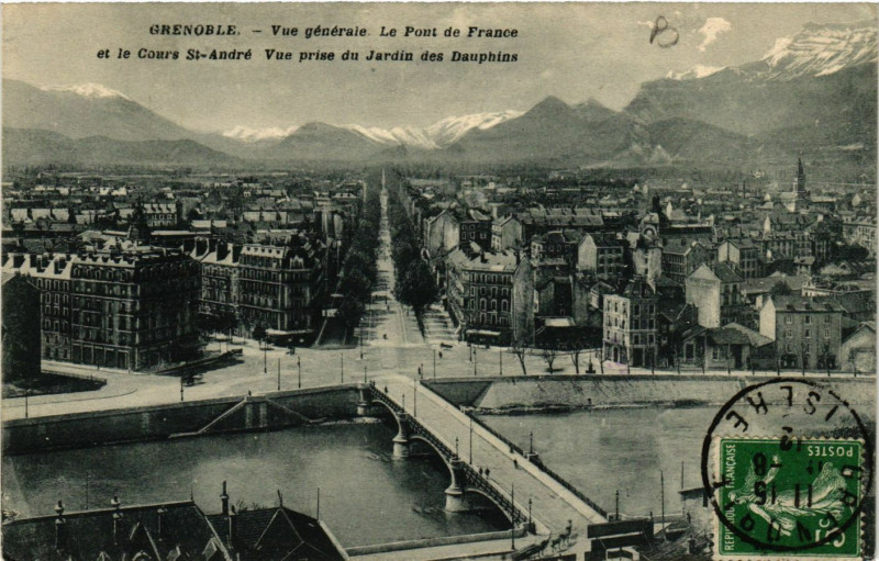 Carte postale ancienne Grenoble - Vue générale Le Pont de France et le Cours Saint-Andre à Grenoble