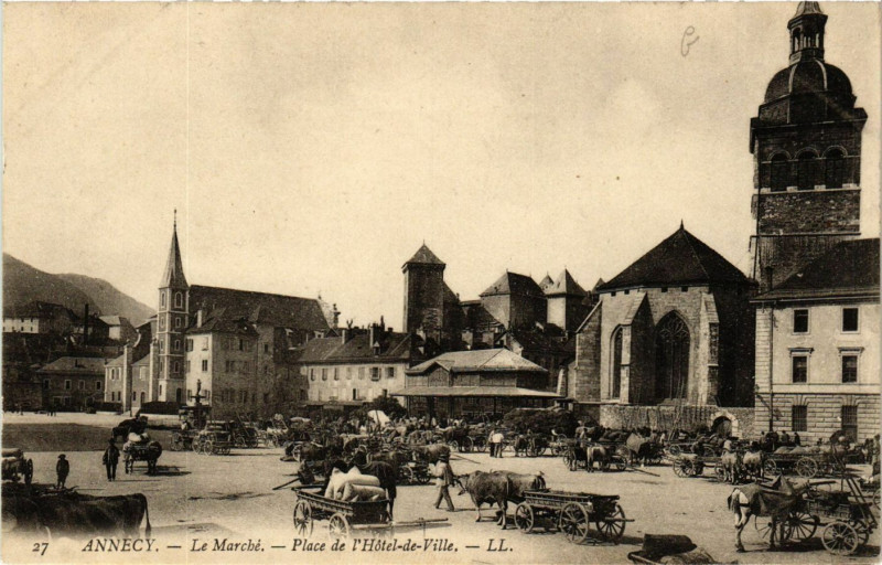 Carte postale ancienne Annecy - Le Marché - Place de l'Hotel-de-Ville à Annecy