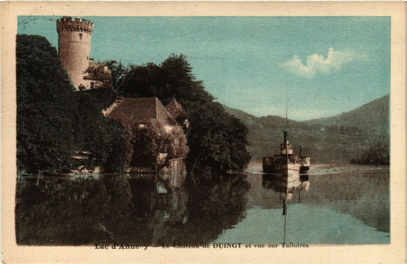 Carte postale ancienne Duingt - Lac d'Annecy - Chateau de Duingt et vue sur Talloires à Duingt