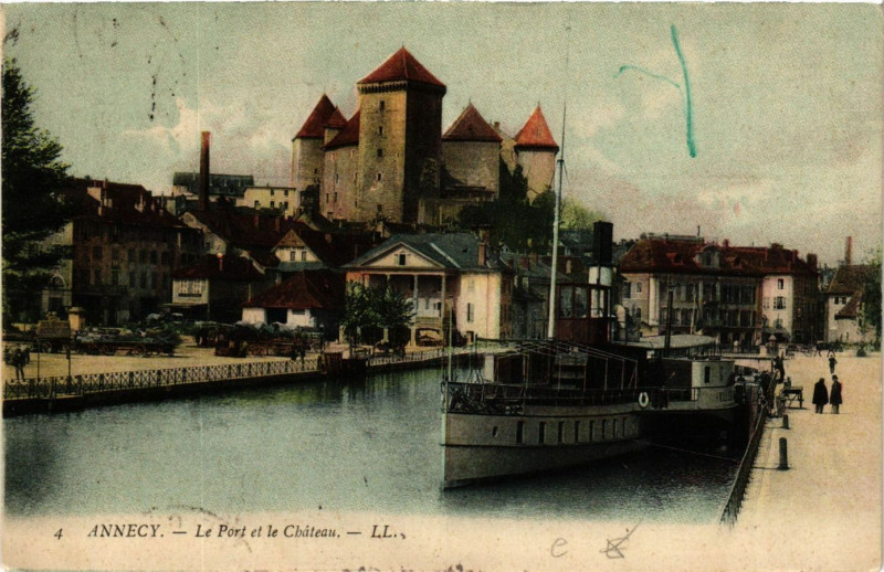 Carte postale ancienne Annecy - Le Port et le Chateau à Annecy