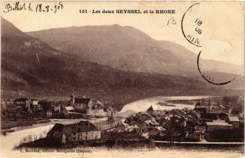 Carte postale ancienne Seyssel Les deux Seyssel et le Rhone à Seyssel