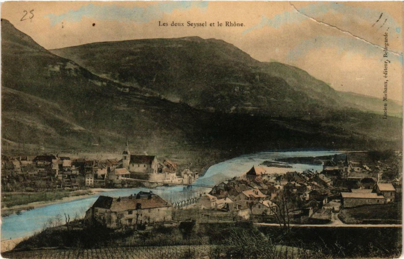 Carte postale ancienne Seyssel Les deux Seyssel et le Rhone à Seyssel
