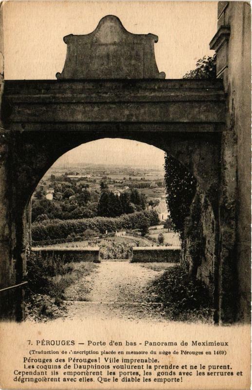 Carte postale ancienne Perouges Porte d'en bas Panorama de Meximieux à Pérouges