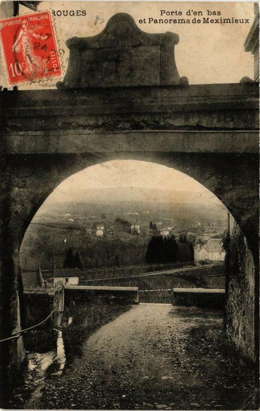 Carte postale ancienne Perouges Porte d'en bas et Panorama de Meximieux à Pérouges