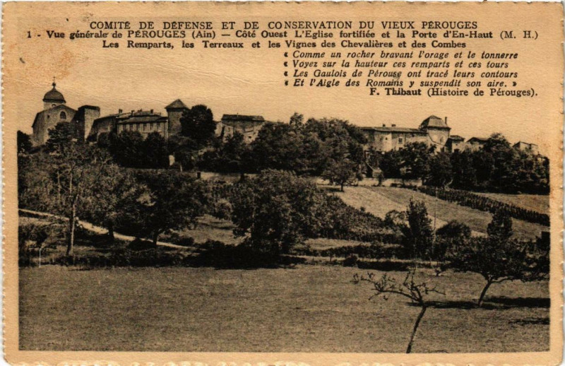 Carte postale ancienne Perouges Cote Ouest L'Eglise fortifiee et la Porte d'En-Haut à Pérouges