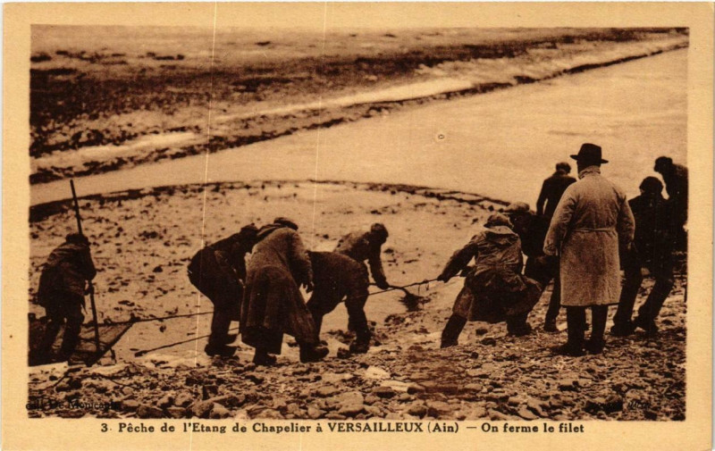 Carte postale ancienne Peche de l'Etang de Chapelier a Versailleux On ferme le filet à Versailleux