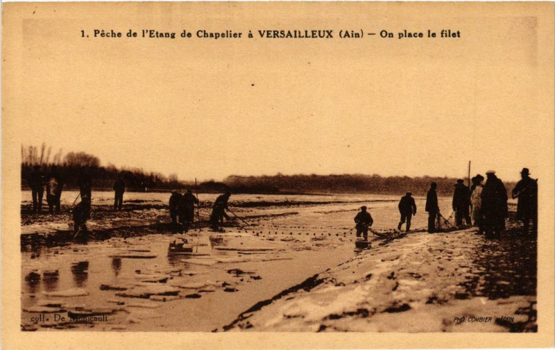 Carte postale ancienne Peche de l'Etang de Chapelier a Versailleux On place le filet à Versailleux