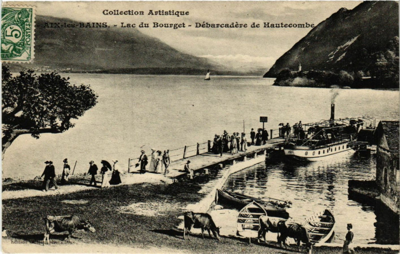Carte postale ancienne Aix-les-Bains - Lac du Bourget-Débarcadére de Hautecombe à Aix-les-Bains