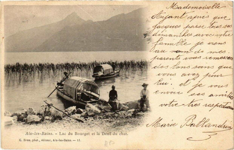 Carte postale ancienne Aix-les-Bains Lac du Bourget et la Dent du Chat à Aix-les-Bains