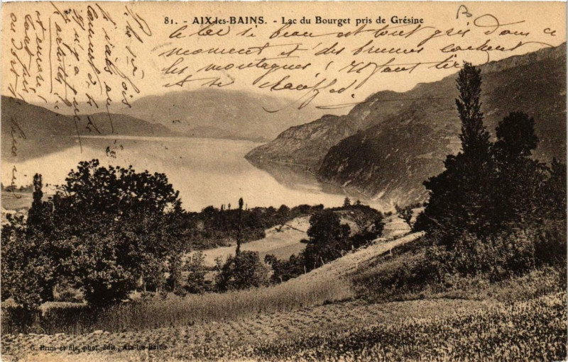 Carte postale ancienne Aix-les-Bains Lac du Bourget pris de Grésine à Aix-les-Bains
