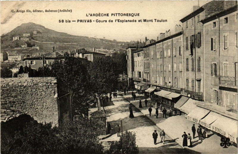 Carte postale ancienne Privas Cours de l'Esplanade et Mont Toulon à Privas