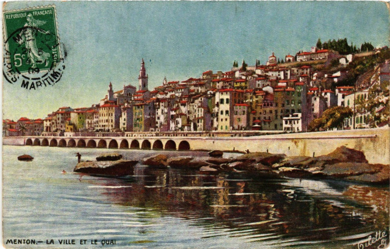 Carte postale ancienne Menton - La Ville et le Quai à Menton