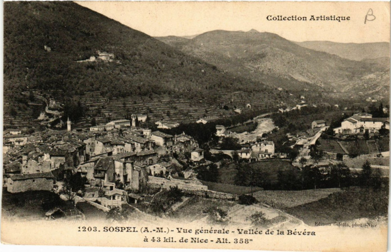Carte postale ancienne Sospel - Vue générale - Vallée de la Bevera a 43 kil de Nice à Sospel