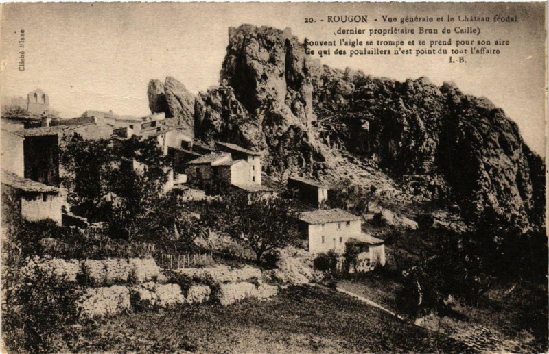 Carte postale ancienne Rougon Vue générale et le Chateau feodal à Rougon