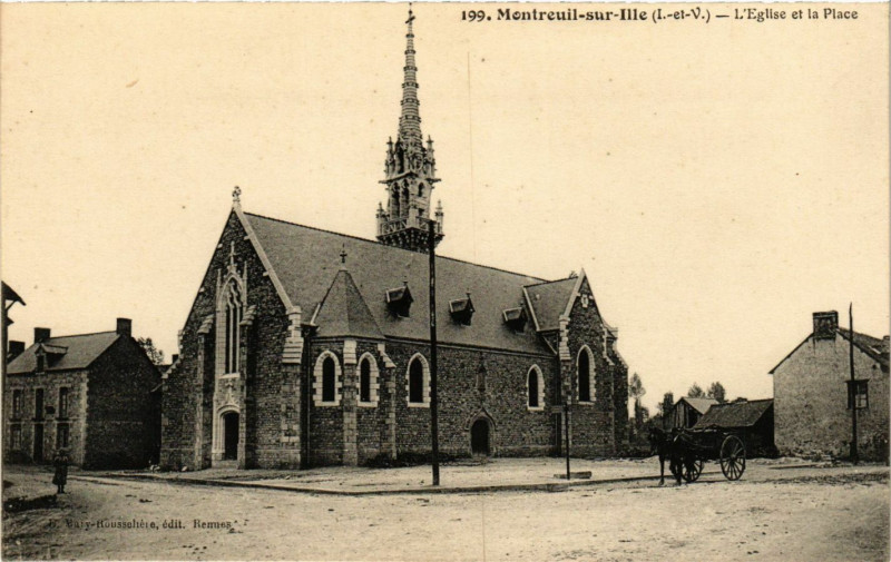 Carte postale ancienne Montreuil-sur-Ille (I.-et-V.) - L'Eglise et la Place à Montreuil-sur-Ille