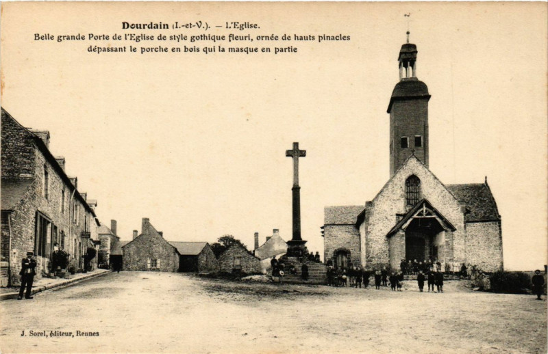 Carte postale ancienne Dourdain (I.-et-V.) - L'Eglise - Beile grande Porte de l'Eglise à Dourdain