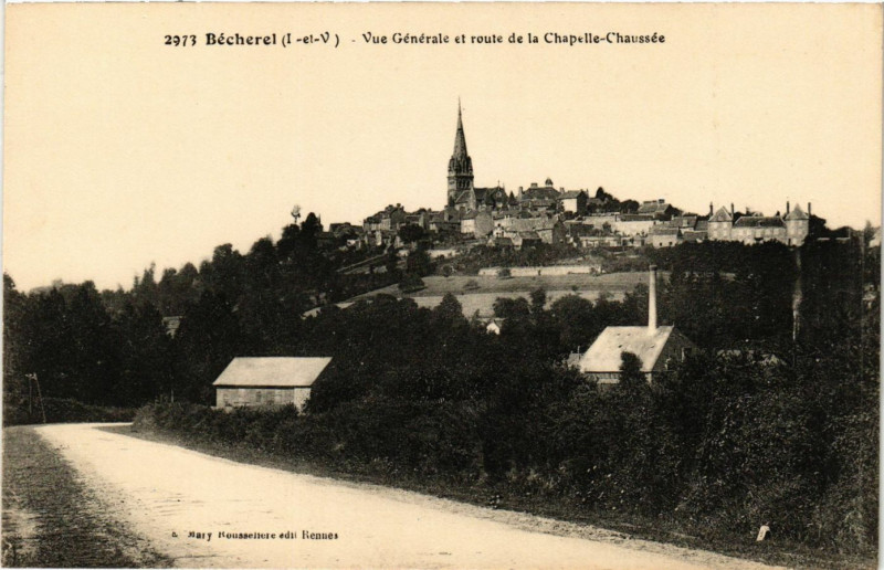 Carte postale ancienne Becherel (I.-et-V.) Vue Générale et route de la Chapelle-Chaussée à Bécherel