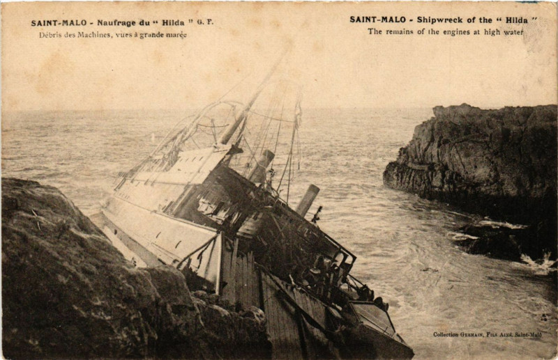 Carte postale ancienne Saint- Malo - Naufrage du Hilda - Débris des Machines vurs a à Saint-Malo