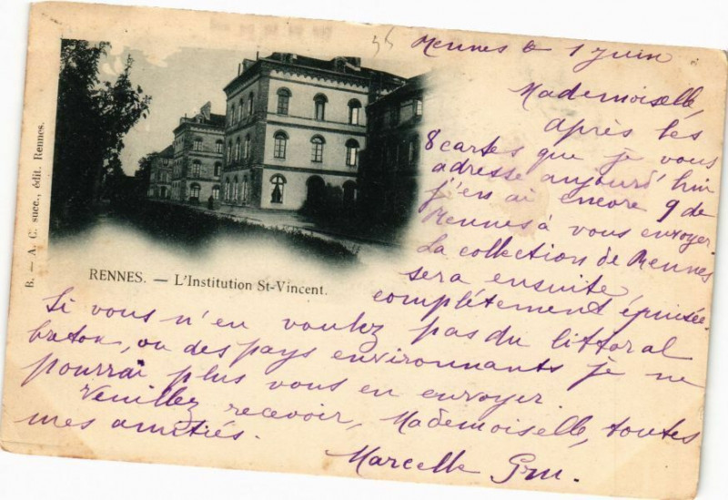 Carte postale ancienne Rennes-L'Institution Saint-Vincent à Rennes