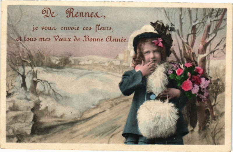 Carte postale ancienne De Rennes je vous envoie ces fleurs et tous mes Voeux de Bonne à Rennes