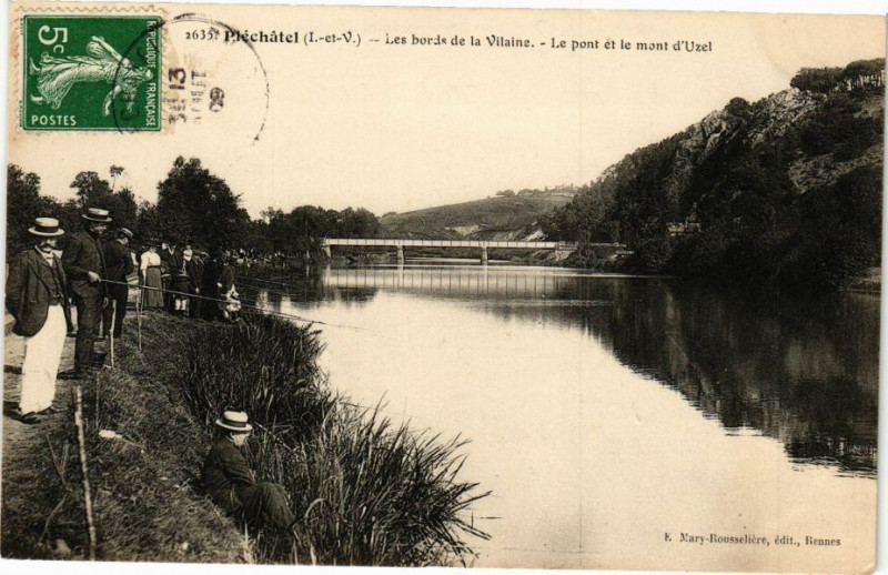Carte postale ancienne Pléchatel-Les bords de la Vilaine-Le pont et le mont d'Uzel à Pléchâtel