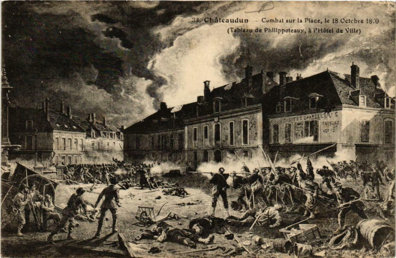 Carte postale ancienne Chateaudun - Combat sur la Place le 18 Octobre 1870 à Châteaudun