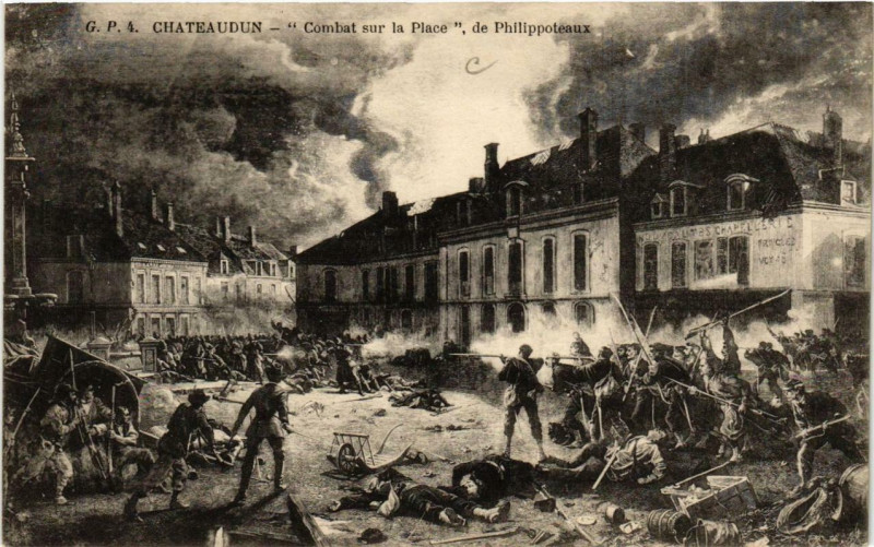 Carte postale ancienne Chateaudun - Combat sur la Place de Philippoteaux à Châteaudun