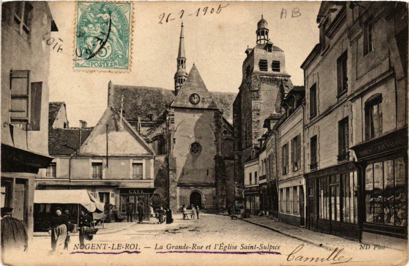Carte postale ancienne Nogent-le-Roi - La Grande Rue et Eglise Saint-Sulpice à Nogent-le-Roi