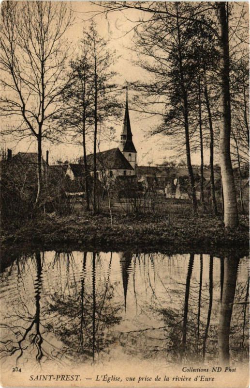 Carte postale ancienne Saint-Prest - L'Eglise vue prise de la riviere d'Eure